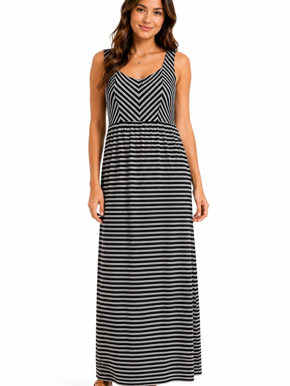 Pink Rose Black & White Striped Sleeveless Maxi Dress